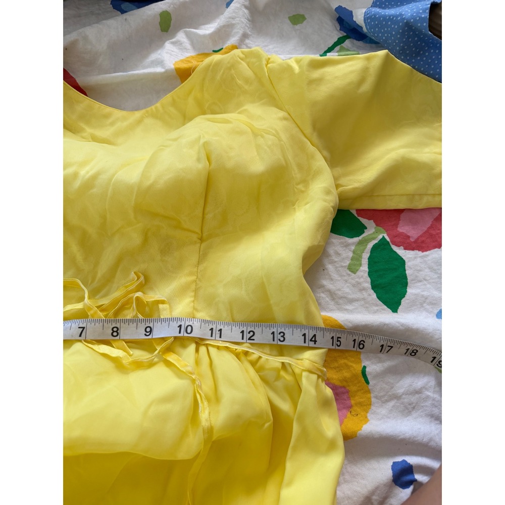 Vintage 60s Yellow Chiffon Maxi Dress Cape Back Bow Empire Waist Floral Damask - Picture 8 of 8